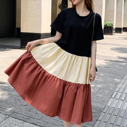 Summer Women Dress Oversized Short Sleeve Stitching Color Casual Loose O-neck Midi Dresses Streetwear Beach Sundress Robe