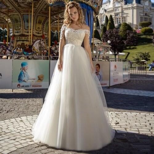 Illusion Tulle Off The Shoulder Wedding Dress Boho Beach Long Sleeves Pearls Beaded Princess Cheap Bridal Ball Gown Custom Made