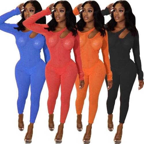 Sexy Solid Sporty Rompers Womens Jumpsuit Irregular Neck Hollow Out Long Sleeve Body See Through Club Jumpsuit Women Overalls
