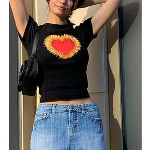 Womens Fashion Love Print Slim Short Sleeve T-Shirt Tops