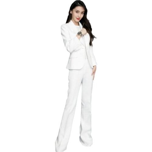 Korean womens white micro-flared trousers lotus leaf sleeve suit cover decoration was thin OL professional wear suit two-piece