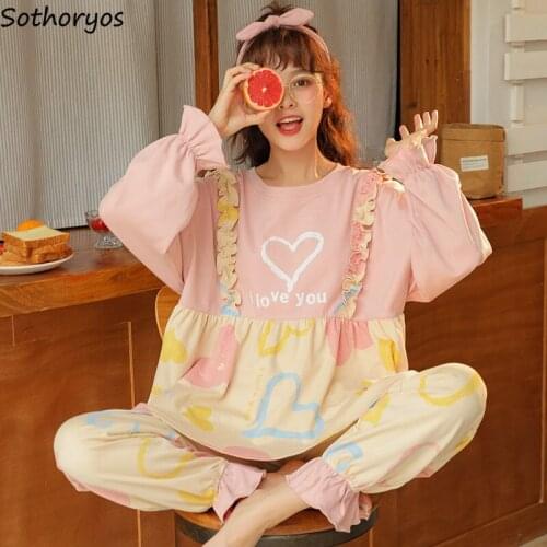 Women Pajama Sets Long Sleeve Cartoon Printed Ruffles Kawaii Loose Casual Sweet Princess Comfortable Retro Lounge Wear Teens New