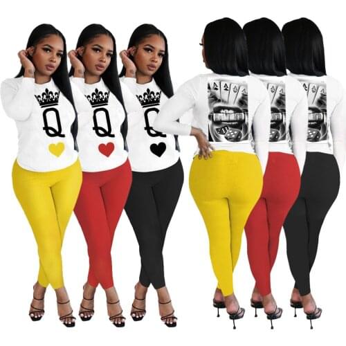 Women Long Sleeve Two Piece Set Printed Poker Q Fashion Sweat Suits Pullover Long T-shirt + Long Pants Autumn Winter Fall Suit