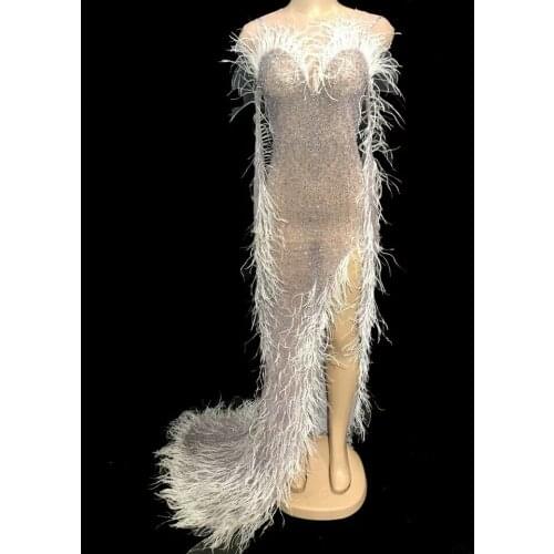 White Feather Mesh Split Long Tail Dress Women Birthday Fashion Celebrity Evening Party Dress Night Sparkly Rhinestone Vestidos