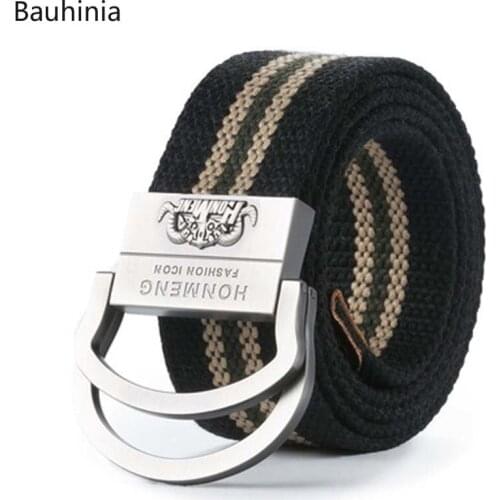 Bauhinia Luxury Good Quality Mens Double-ring Buckle Canvas Belt Casual Versatile Teenager Jeans Belt