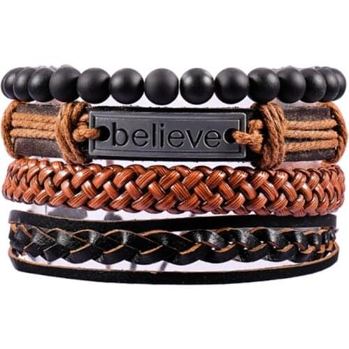 1Set 3/4Pcs Mix Leather Bracelet Men Multi-layer Bracelet Ladies Punk Casual Mens Bracelets Jewelry Accessories Classic Pulseira