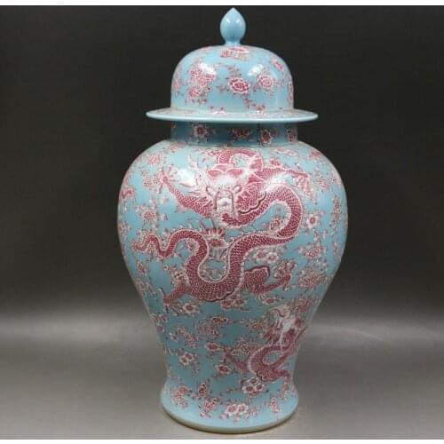 Qing Dynasty Kangxi Blue Pastel Flower Dragon Pattern General Tank Pot Antique Craft Porcelain Home Furnishings Antique Jar