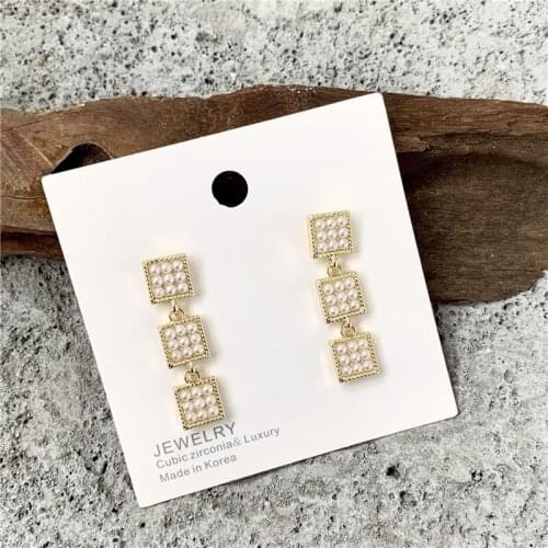 Long Square Geometric Simulated-pearls Clip on Earrings Daily Earrings for Women