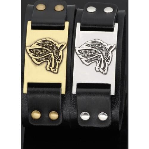 Men viking wolf head leather amulet bracelet jewlery -fit 20CM- 25CM