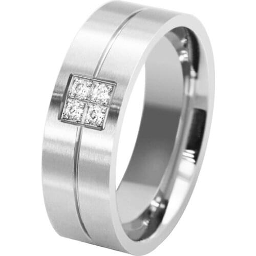 Hot New Mens Silver Color Matte Finish Stainless Steel Ring Thin Grooved Line AAA Zircon Inlay Ring Fashion Mens Wedding Band