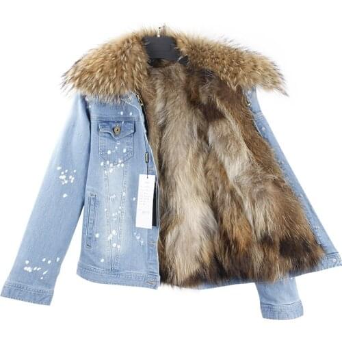 MaoMaoKong new Casual winter jacket women Holes denim jacket fur coat natural raccoon fur liner real raccoon fur collar parka