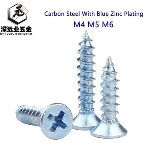 M4 M5 M6 Carbon Steel With Blue Zinc Plating hardness Cross Recessed Flat Head Countersunk Self-tapping Phillips Flat Wood Screw