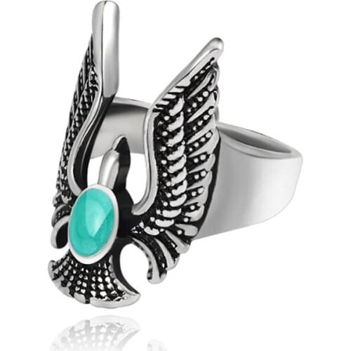 Fashion Retro Hip Hop Blue Natural Stone Eagle Ring Mens Gothic Classic Knight Animal Personality Cool Mens Ring Mens Jewelry