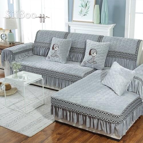 European simple style winter non-slip ruffles embroidered sweet girl plush sofa cover for living room housse de canapé SP5913
