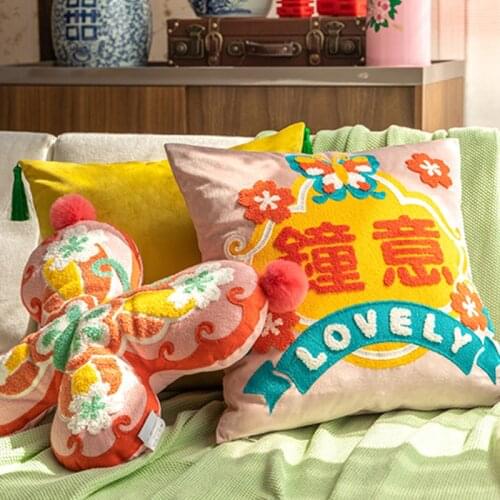 Chinese Style Pink Butterfly Throw Pillow Cover Living Room Sofa Cushion Cover Wedding Lovely Butterfly Cushion Cover 45X45cm