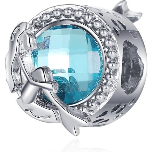New Original Alloy Bead Summer Blue Mermaid Cat Eye Fit Pandora Bracelet Bangle Necklace DIY Women Jewelry