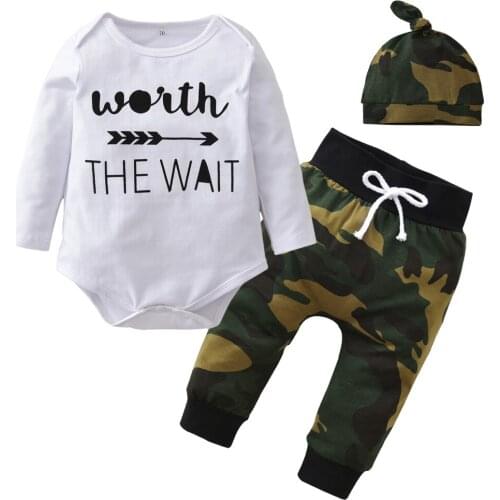 Newborn Baby Boys Girls Clothes 100%Cotton Letter Tops Romper Camouflage Pants Hat Toddler 3Pcs Infant Outfits Kids Clothing Set