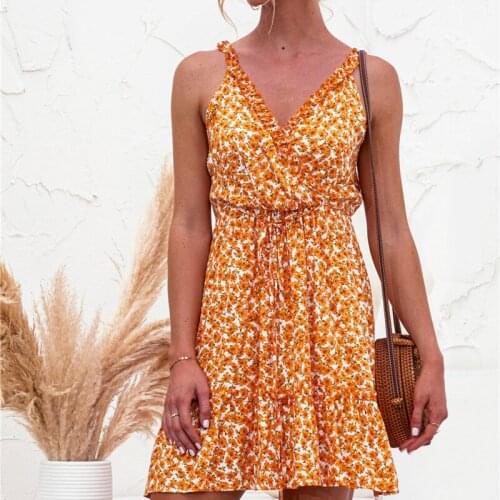 Uclio Summer Sexy Floral Dress Women Spaghetti Strap Dress Ladies Ruffle V Neck Beach Boho Sundresses
