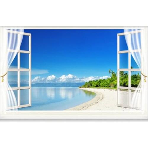Custom photo wallpaper 3d murals wallpaper Outside the window seaside scenery blue sky and white cloud beach TV background wall