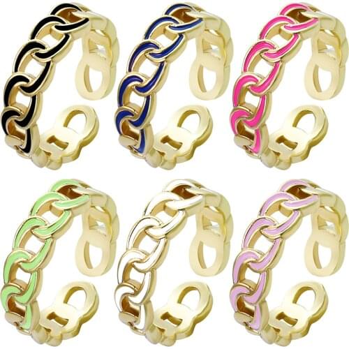 One Pcs Adjustable Rainbow DIY Chain Make Hollow Geometric Enamel Gold Ring For Women Female Jewelry Party Gift