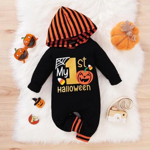 Warm jumpsuit baby Halloween Letter Print Striped Hoodie Romper Jumpsuits warm jumpsuit baby newborn romper baby girl rompers