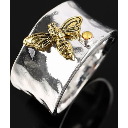 Vintage Silver Plated Bee and Honeycomb Wide Ring Rainbow Stone Rings for Men Women Punk Gothic Party Retro Jewelry Gift H4M951