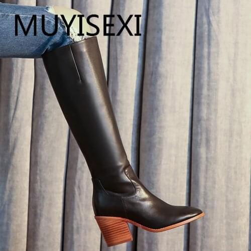 Knee-high boots long Genuine leather tuba 7cm square heel high winter keep warm ladies brand boots plus size DSHL01 MUYISEXI