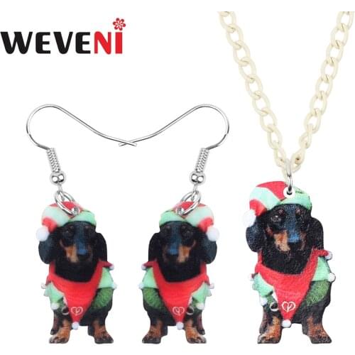 WEVENI Acrylic Christmas Black Dachshund Dog Jewelry Sets Necklace Earrings Animal Jewelry For Women Girls Teens Kids Charm Gift
