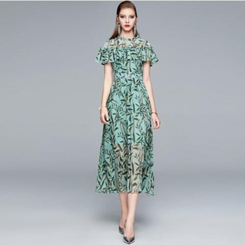 ZAWFL New Summer Dress 2020 Runway Designer Long Mermaid Party Dress Bow Ruffles Pearl Button Lantern Sleeve Dresses