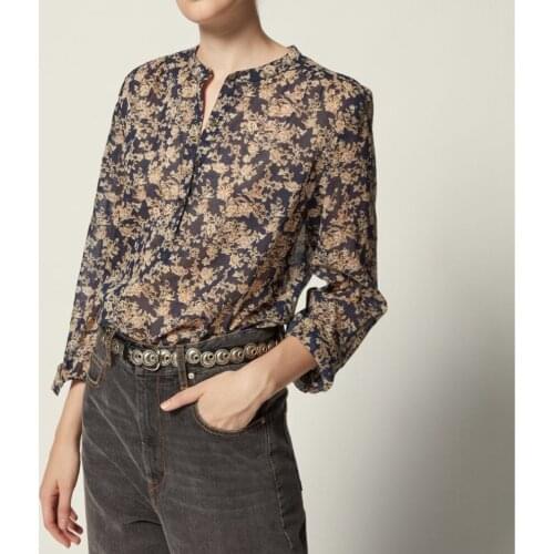 Women Shirt 2021 Autumn Retro Printed Half-open Placket Comfortable 100% Cotton V-Neck Shirt Long-sleeved Women Tops