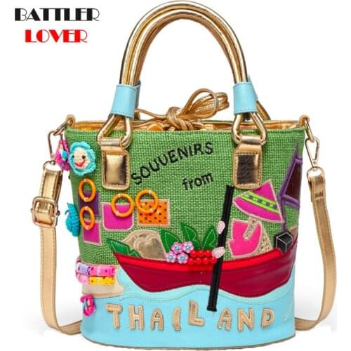Embroidery Handbags For Women 2021 Cartoon Printing Design Shoulder Bags Female Luxury Brand Crossbody Purse Ladies Bucket Totes