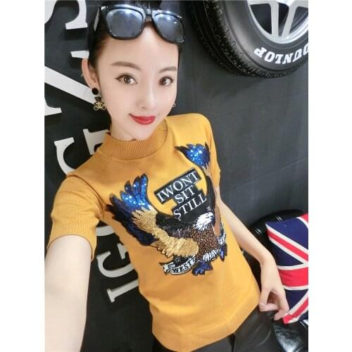 Large size 2021 Womens spring and autumn Sequins short sleeves T shirts Lady Eagle Sequined T-shirt Fashion Cotton Tops