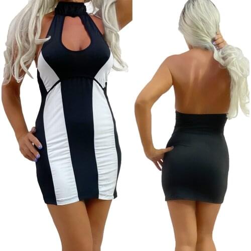 WONDER BEAUTY Halter Sleeveless Mini Dresses Women Skinny Backless Black White Striped Short Dress