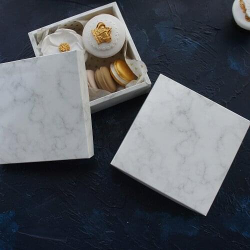 High quality 14*14*5cm 10pcs marble design Cheese chocolate Paper Box wedding party cookie candy Macarons Snacks Storage Boxes