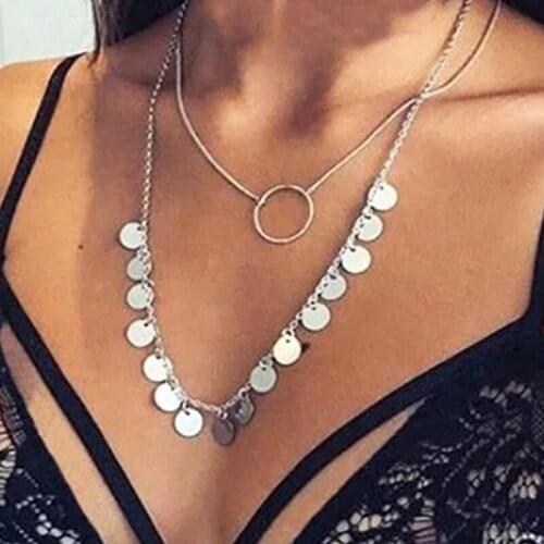 2 Pcs/Set Women Retro Necklace Set Beach Fashion Circle Geometric Disc Pendant Double Silver Color Necklace Lady Clavicle Chain