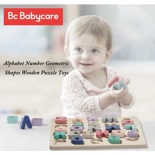 BC Babycare Alphabet Number Geometric Shapes Wooden Puzzle Toys Baby Letter Digital Educational Safe Toddler 3D Puzzles Toys