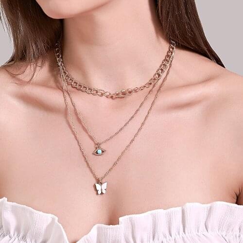 Metallic Chain Butterfly Insect Hollow Green Eye Three-Layer Golden Alloy Sweater Chain Necklace for Women