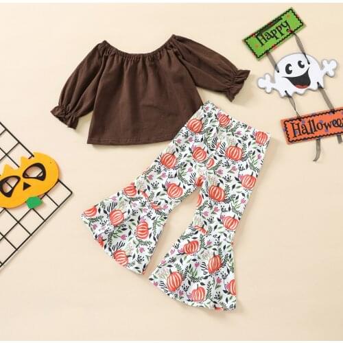 Spring Autumn Girls T-shirt and Trousers Casual Suit Fresh Solid Color Long Sleeve Tops and Pumpkin Trumpet Pants