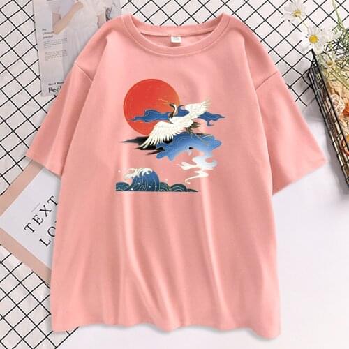 Beautiful Landscape Crane Prints T-Shirts Women Loose Quality Tshirt Street Oversized Clothes Fashion Summer T Shirt For Women