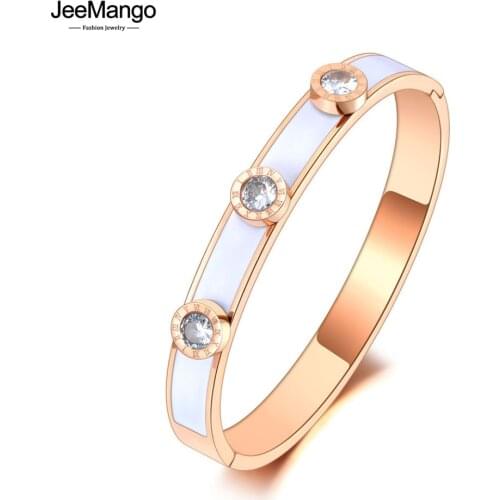 JeeMango Luxury Roman Numerals Cuff Bangles For Women Rose Gold Cubic Zirconia Love Titanium Stainless Steel Bracelets JB21017