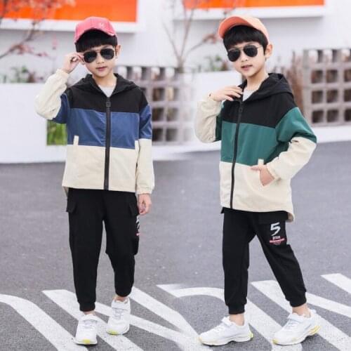 Spring Autumn Casual Boys Streetwear 2 Piece Sets Color Stitching Hooded Jackets+Ankle Length Pants Children Outfits 4-13T
