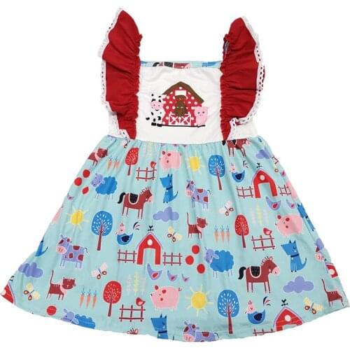 2020 Lovely Summer Children Outfits cow Printed Design Toddler Girls Fly Sleeve dresses Boutique farm outfits