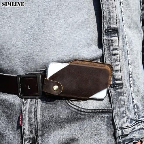 Genuine Leather Waist Bag Men For IPhone 12 Mini Vintage Outdoor Sports Portable Belt Phone Cover Case Holder Cellphone Holster