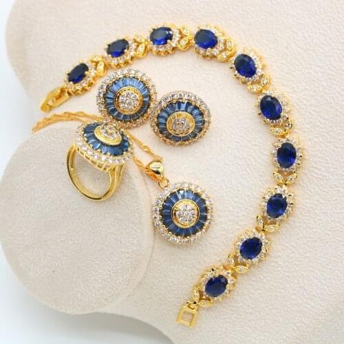 2021 New Royal Blue Gold Color Bridal Jewelry Set for Women Bracelet Stud Earrings Necklace Pendant Ring Birthday Gift