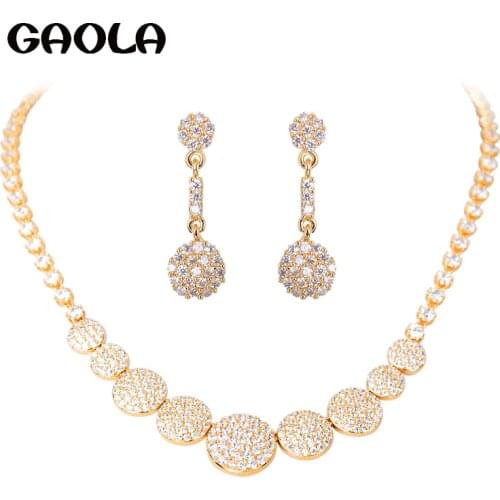 New Arrival Charm Champagne Gold Round Austria AAA Crystal Fashion Romantic Jewelry Set for Women Necklace Earrings Sets GLN0128