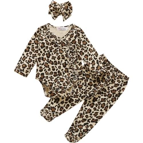 Newborn Infant Girls Clothes Leopard Print Romper+Pants+Hairband Set Baby Girl Outfit 6 12 18 24 Months vetement bebe fille