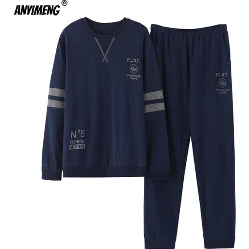 Pajamas Mans Cotton Plus Size Pajamas Long Sleeved Pullover Sporty Homewear Leisure Nightwear Loyal Blue Pjs Men Home Clothing