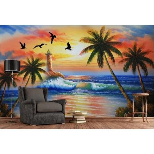 Custom murals wallpaper for walls 3 d murals Vintage hand drawn lighthouse tree mediterranean seascape mural background wall