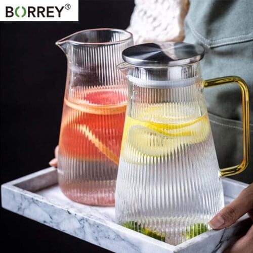 BORREY Transparent Glass Water Jug Hot Cold Water TeaPot Juice Drink Fruit Teapot Water Carafe with Handle Heat-proof Teapot Set