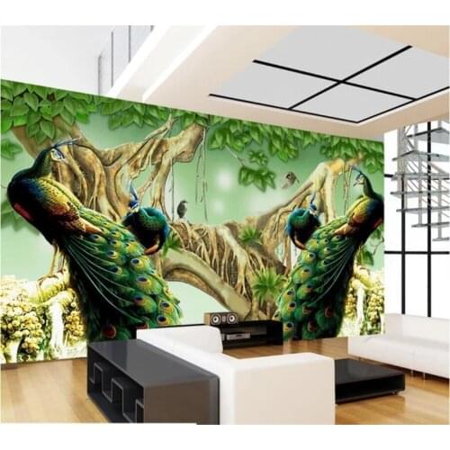 Custom Size Self Adhesive wallpaper 3d exquisite jade carving beautiful peacock sofa TV background decorative painting 8d Murals
